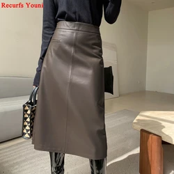 Spring New Genuine Leather Skirt For Women High Sense Vintage A-line 70 cm Jupe Longue Femme Simple Maxi Apricot Black Etekler