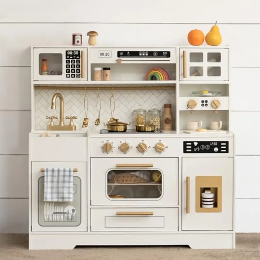 

Wooden Play Kitchen for Realistic Appliances, Smart Storage 15 Fun Accessories for Inspiring Pretend Play Ages 3+
