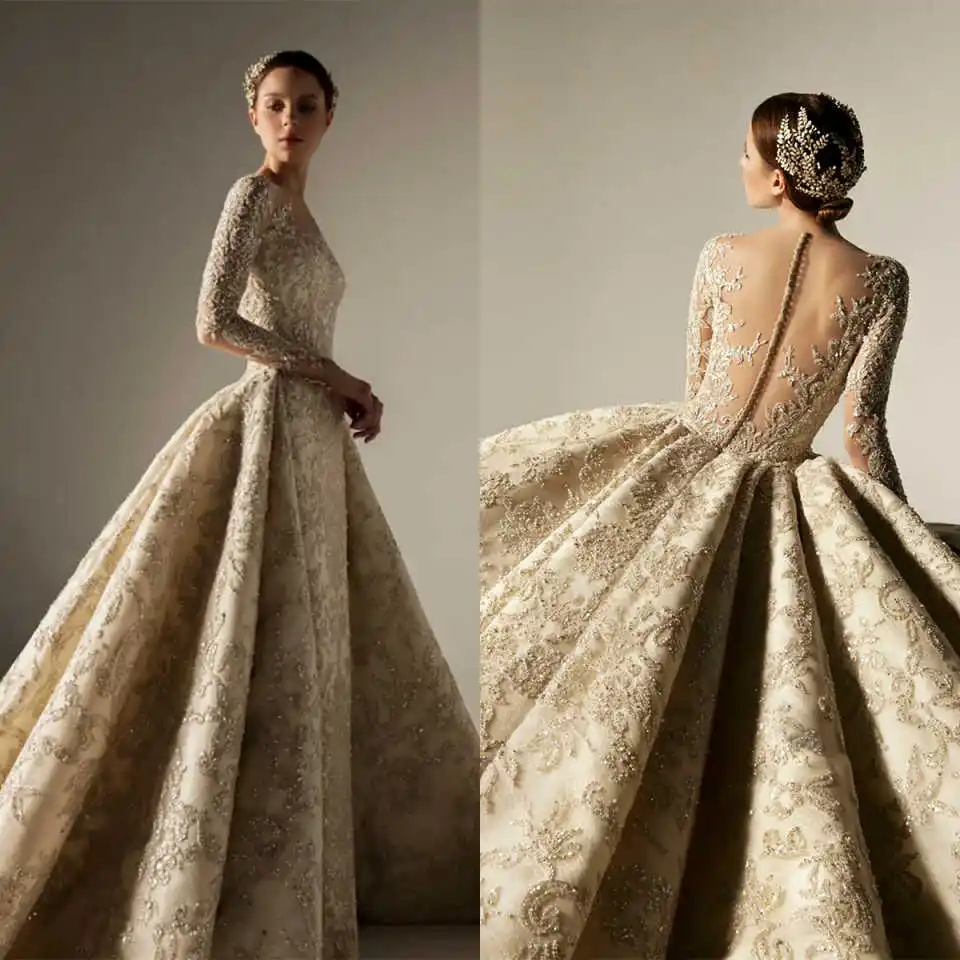 

Великолепные свадебные платья трапециевидной формы с длинными рукавами и аппликациями из бисера длиной до пола, свадебное платье принцессы невесты по индивидуальному заказу