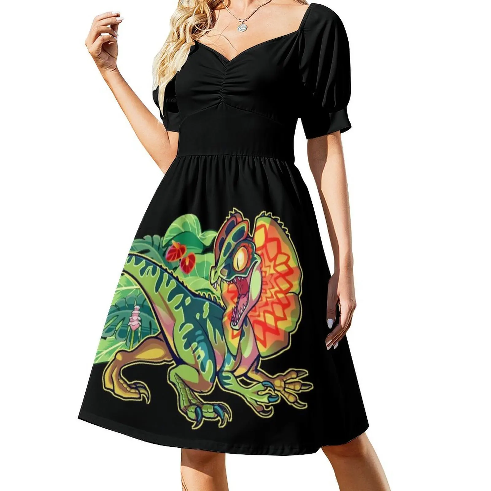 Dilophosaurus فستان بفتحة عنق على شكل قلب فستان أنيق للحفلات الصيفية للنساء Dilophosaurus ديناصور الديناصورات دينو أنثى #2