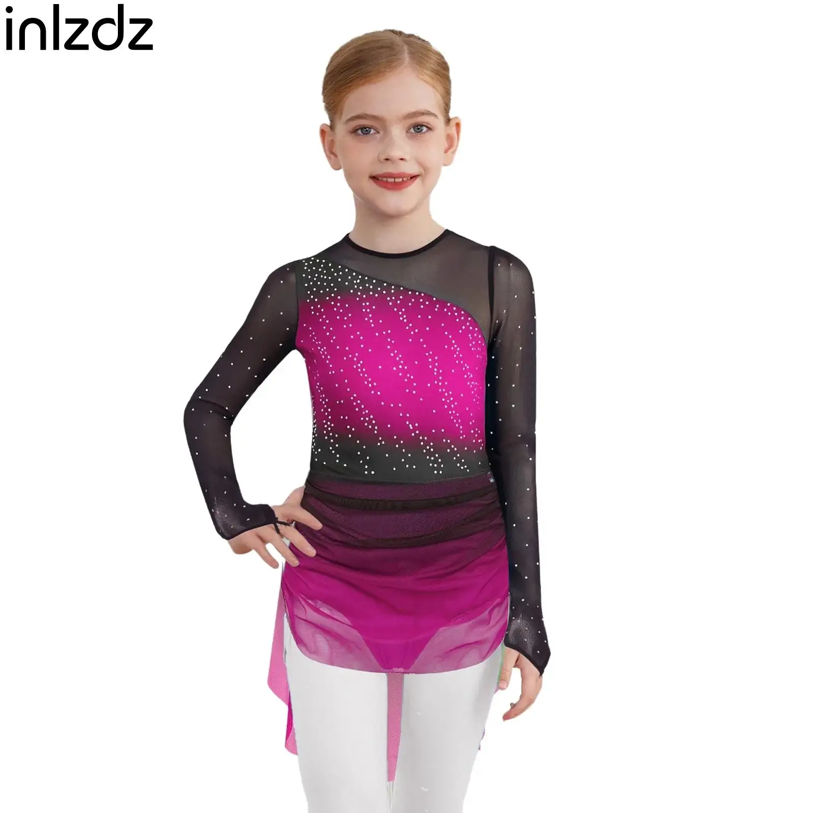 Robe de patinage artistique pour filles, couleur dégradée, Costume de danse moderne lyrique, manches longues, justaucorps de gymnastique de Ballet, vêtements de danse