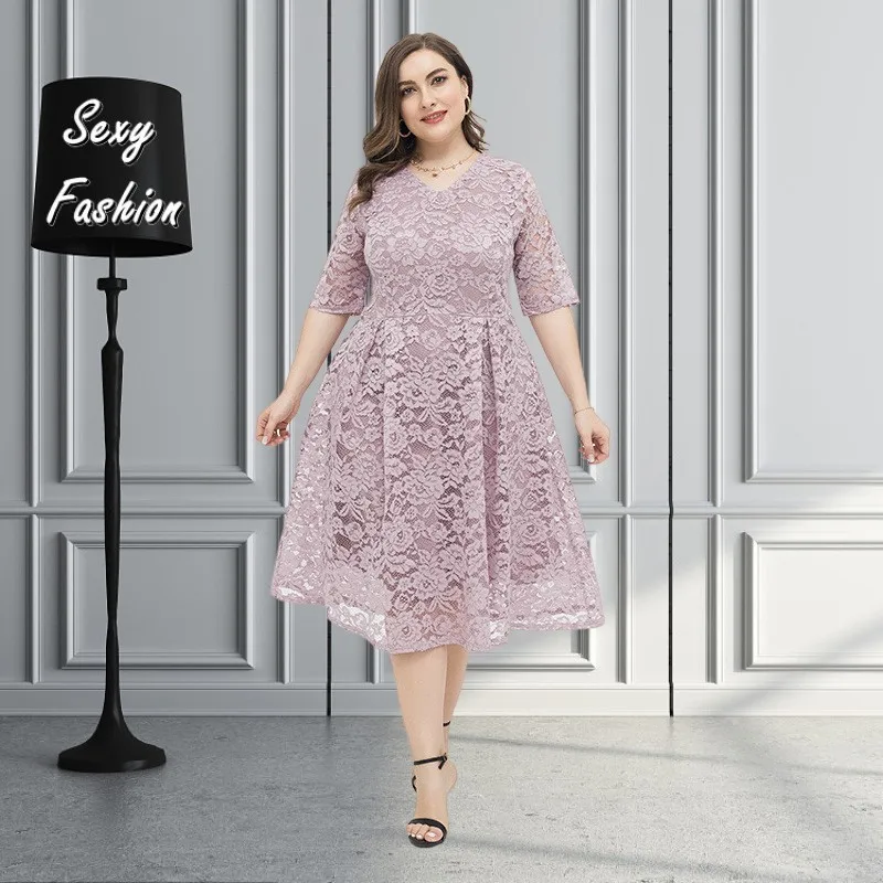 XL-4XL Dresses for Women 2023 Summer Plus Size Clothing Short Sleeve Lace Hollow Solid Color Sexy Elegant Evening Midi Dress