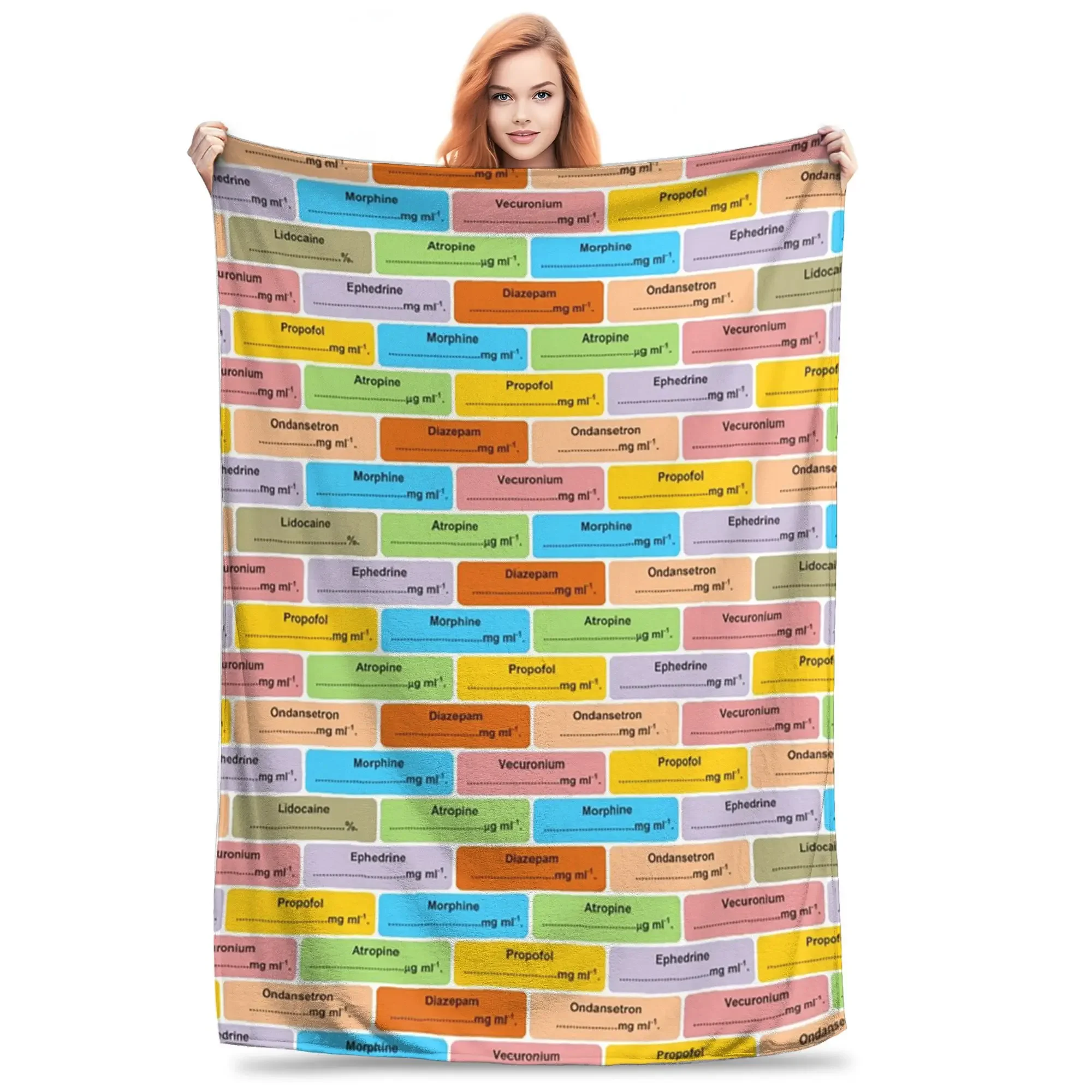Flannel Throw Blanket  Anesthesia Drug Label Pattern Anaesthesia Warm Plush Blankets Soft Bedspread for Bed Living Room Home