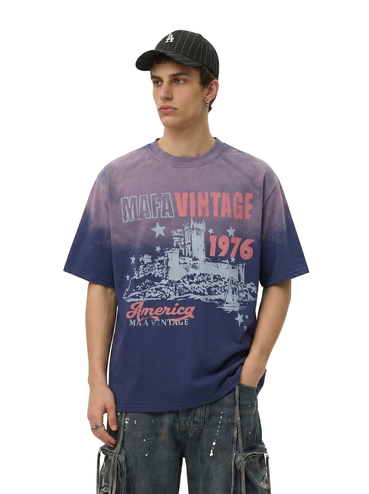 

BETEBULE American Retro Print Gradient round Neck Short Sleeve Loose T-Shirt Men Summer High Street Trend Brand Casual Top