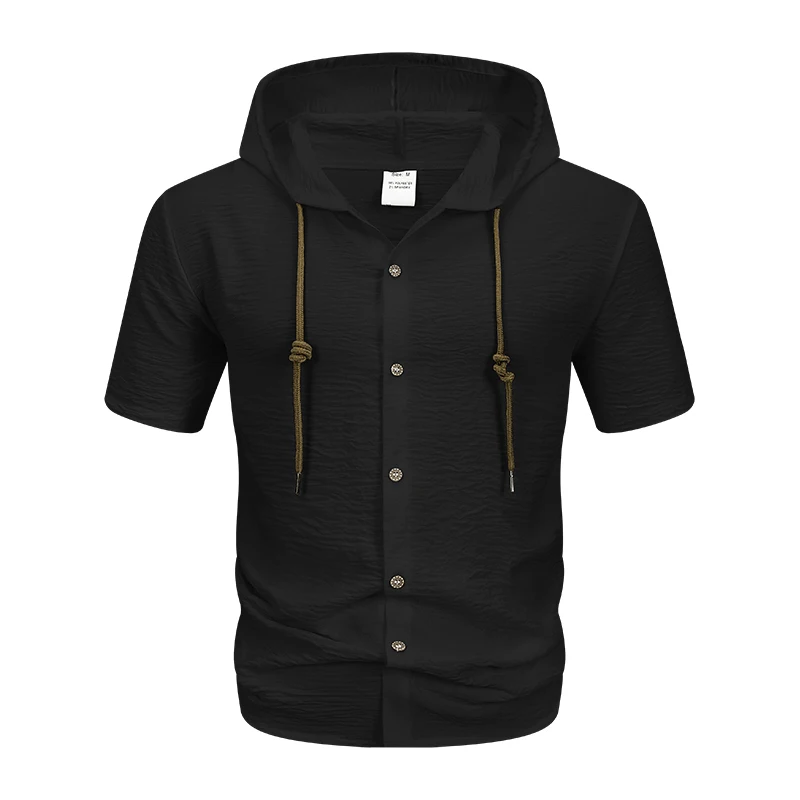 2026 summer 3D men's solid color casual short sleeved shirt hooded drawstring pleated cardigan trendy versatile men's t-shirt