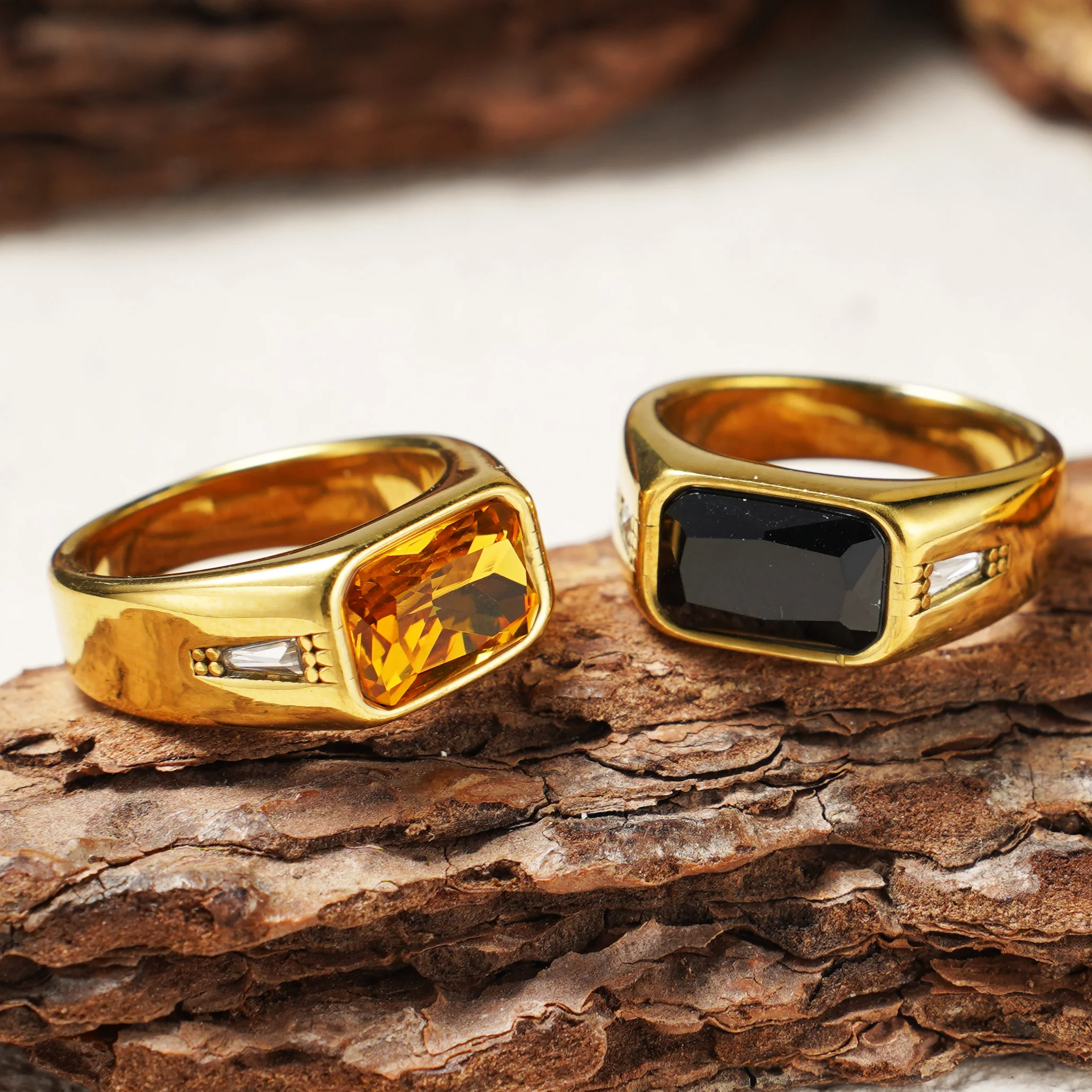 Vintage 18K Vergoldeter Siegelring, 316L Edelstahl, Farbiger Zirkon Statement-Ring für Männer/Frauen, Retro Edelstein-Band – Detail 2