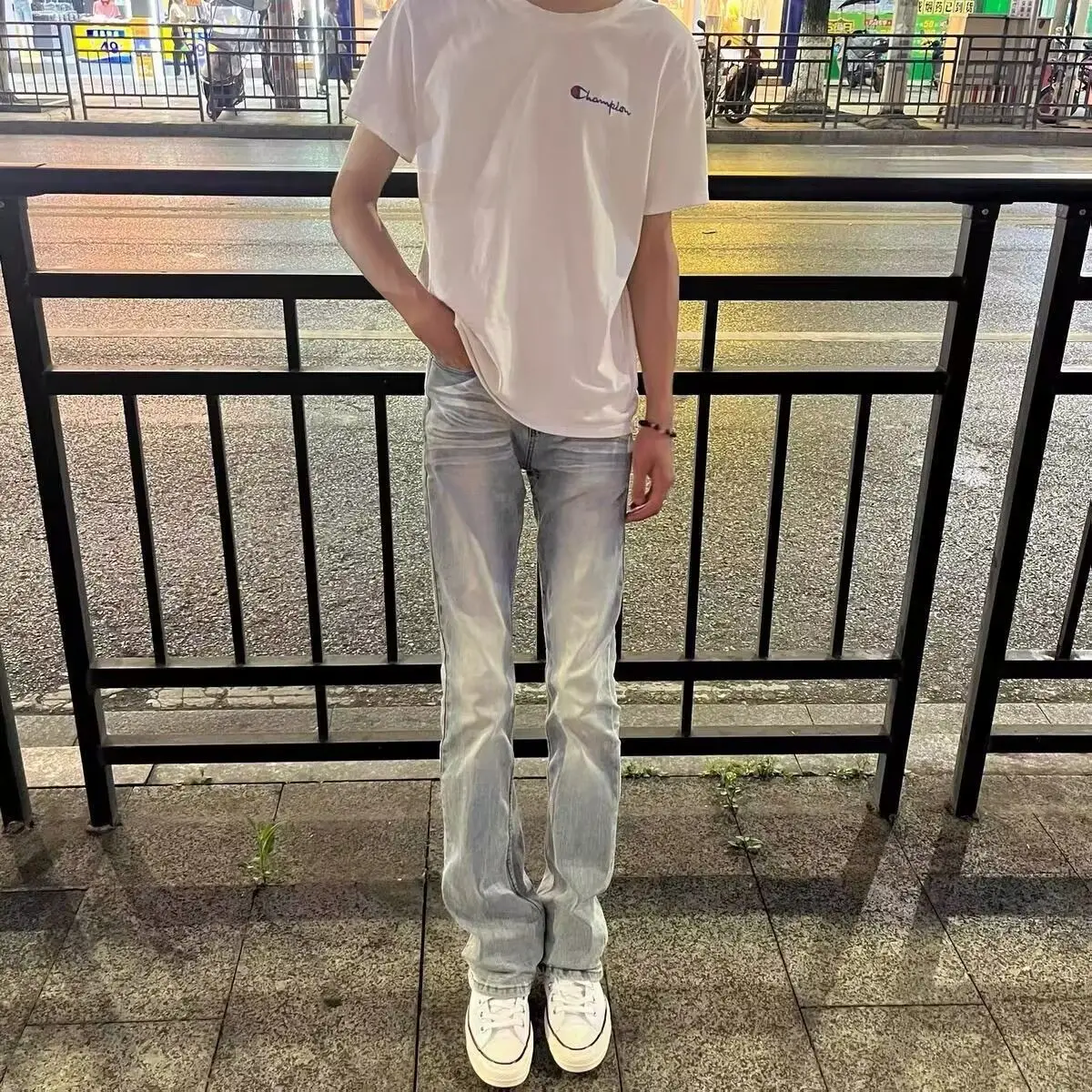 High Quality High Street Bamboo Elastic Light Blue Rear Double Pockets Slightly Pulled Jeans Men's Washed Thin Slim Pants