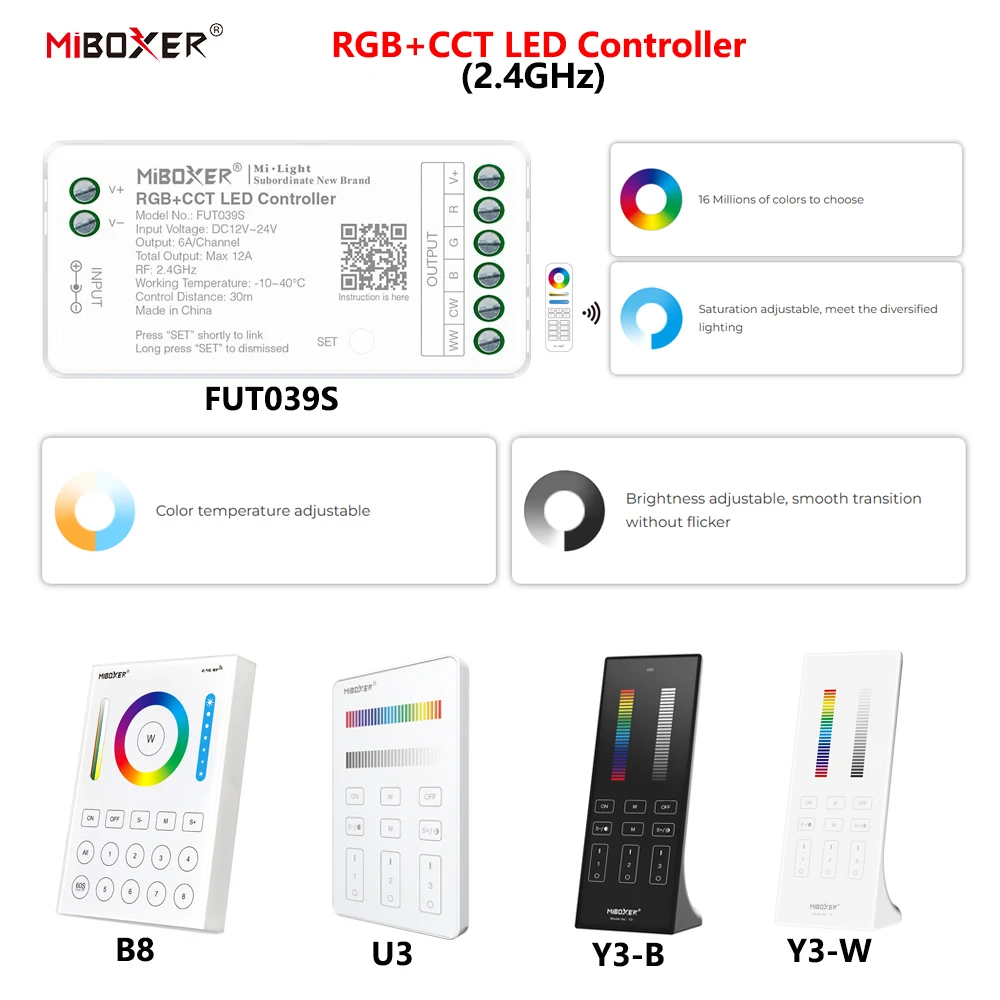 MiBoxer DC12~24V FUT039S+Y3/B8 2,4GHz RF Wireless RGBCCT 6A/Ch 16 Millionen Farben zur Auswahl LED-Controller für COB/LED-Streifen
