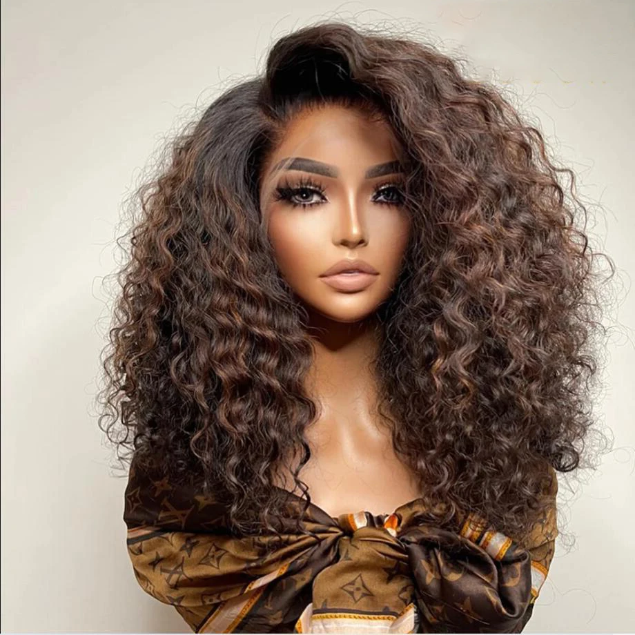 Kinky Curly Lace Front Wig para mulheres negras, cabelo do bebê, sem cola, pré-arrancadas, macio, longo, Ombre, marrom, 180% Densidade, 26in