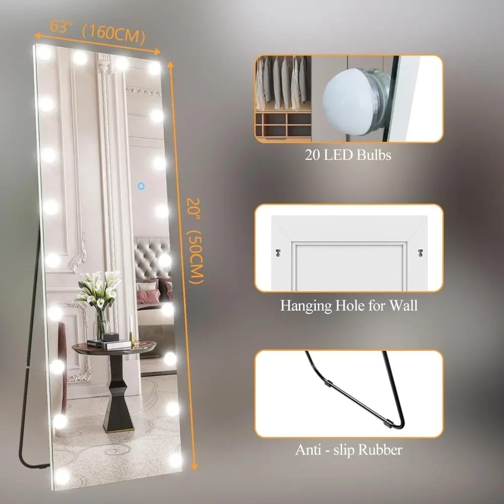 63"x20" Full Length Mirror with Lights, Wall Mounted Dressing Touch Control Mirror for Bedroom Living Room, Free Standing Mirror