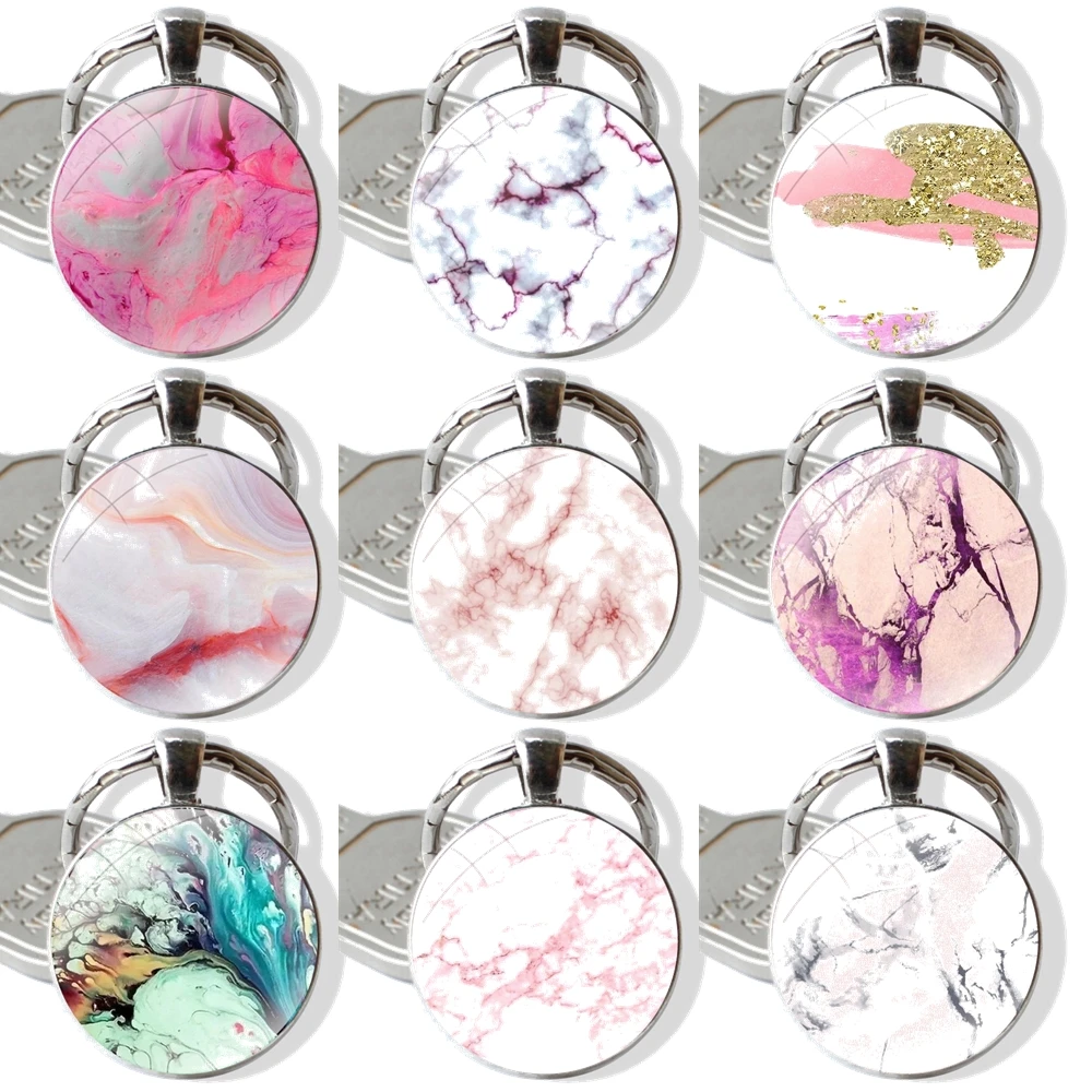 Marble pink Luxury Keychain Handmade Glass Cabochon Key Ring Holder Pendant Key Chains