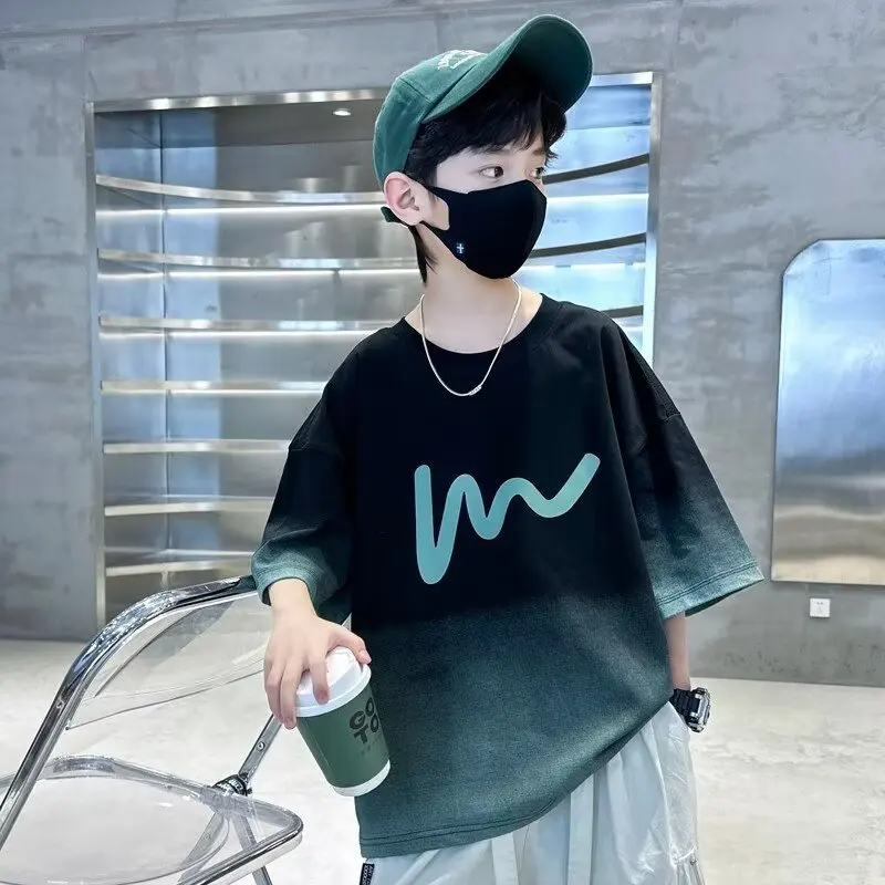 New Summer Teenager Boy Luxury Clothes T-shirt Tween Kids Casual Short Sleeve Tshirt Outfits Child Cotton Gradient Tee Shirt Top