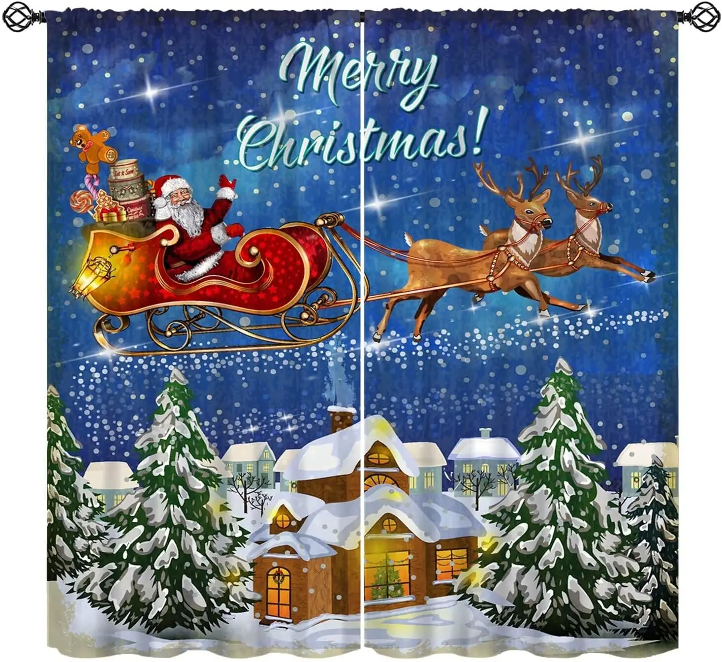 Christmas Night Santa Sleigh Curtains, Reindeer Snow Pine Village Snowflake Merry Xmas Gift Print Drapes for Living Room Decor