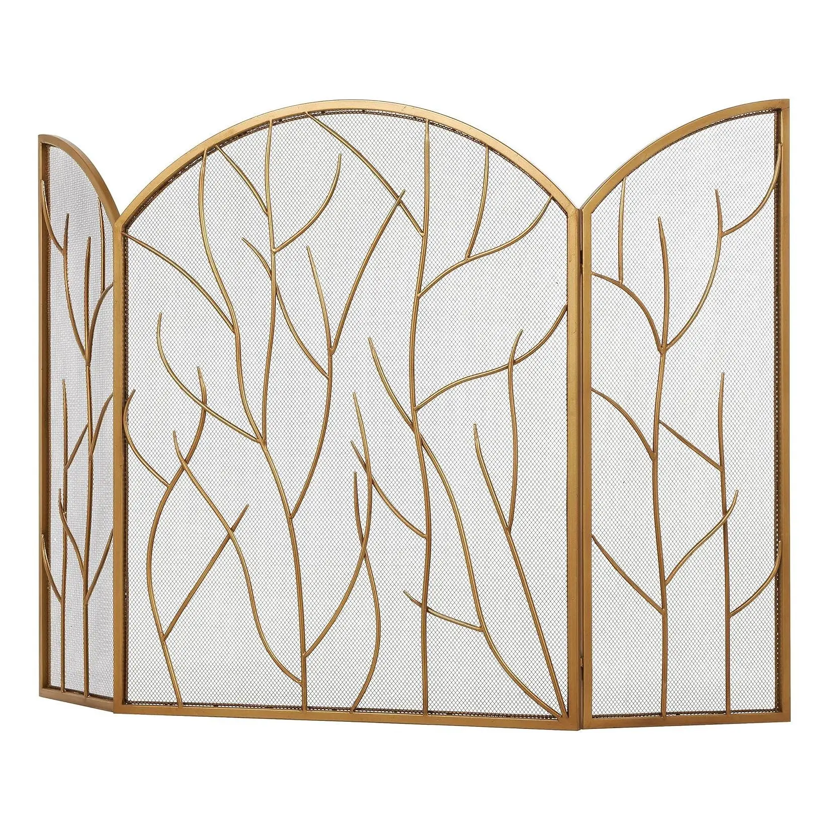 황금색 자유로운 곡선이 장식된 단조 철제 스크린, 실내 거실 벽난로 안전 칸막이 스크린