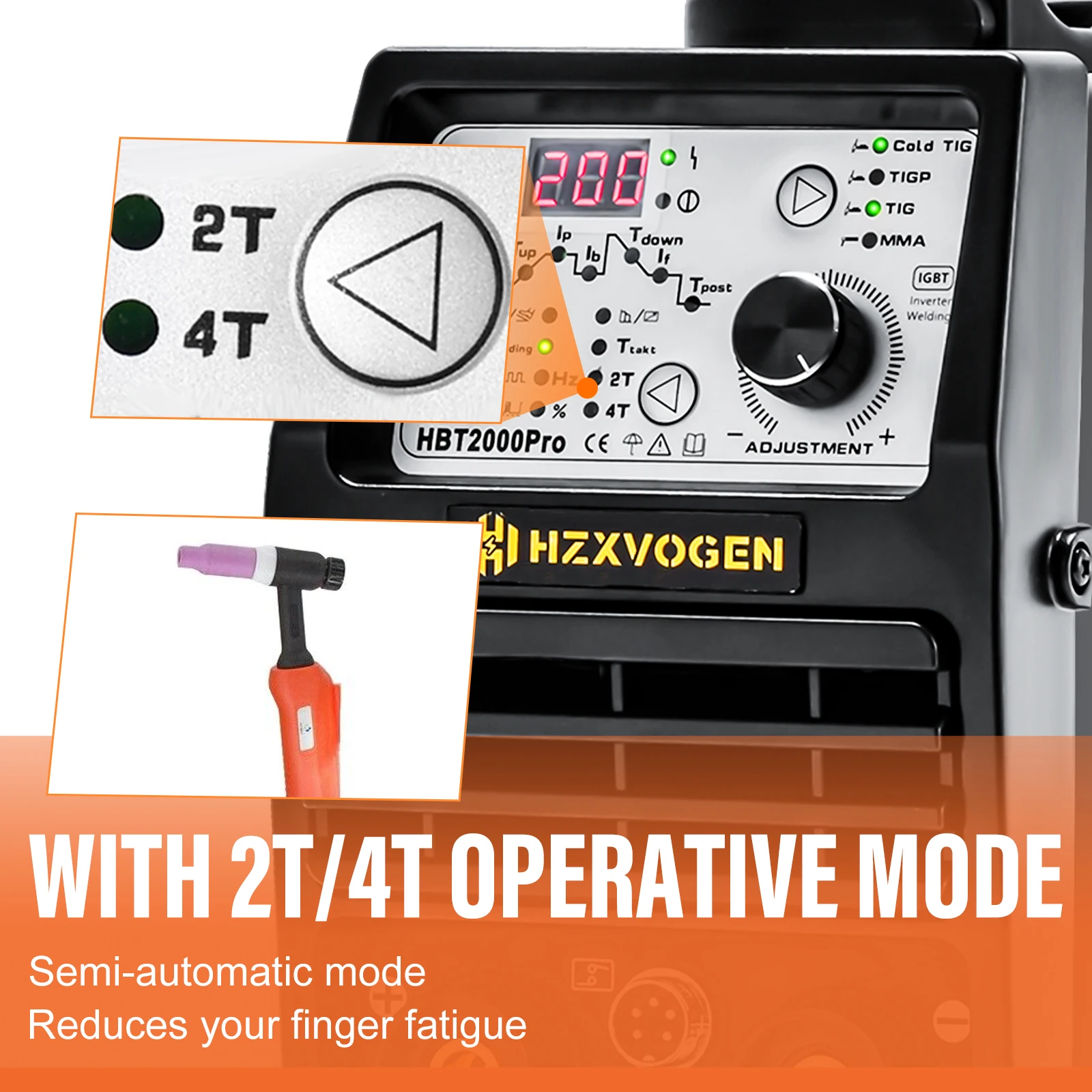 HZXVOGEN 200A Cold Welding Machine HBT2000P TIG ARC Welder with Pulse Cold TIG 2T/4T 1-900ms Adjustment HF TIG Spot TIG