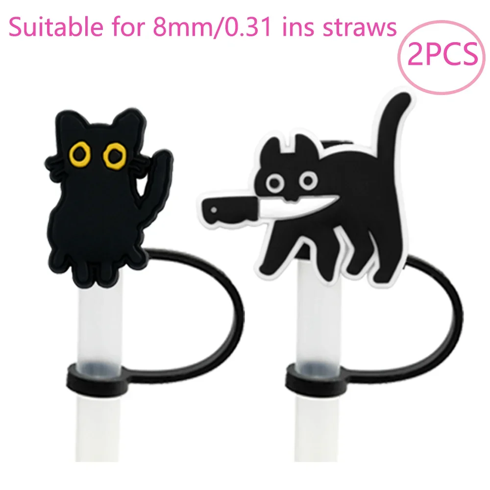 1/2/8 قطعة غطاء القش لطيف القط الأسود اكسسوارات ل بهلوان كوب ، سيليكون القش توبر الشرب تلميح ، 8 مللي متر الغبار غطاء من القش