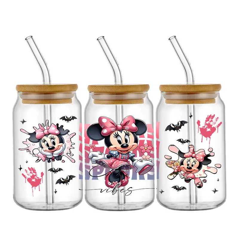 Disney Stitch Mickey Princes UV Dtf Cup Wraps Transfer Aufkleber für 16 Unzen Glas Libbey kann selbst klebende wasch bare DIY benutzer definierte Flasche