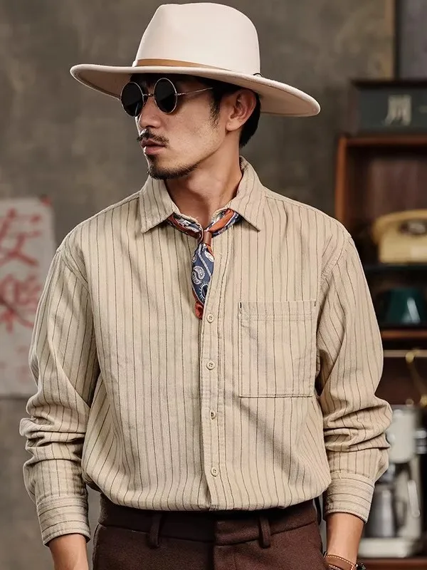 

Мужская рубашка свободного кроя в американском ретро-стиле с текстурой и полосками, вельветовая, осенне-зимняя, повседневная, рабочая, с длинным рукавом, дышащая