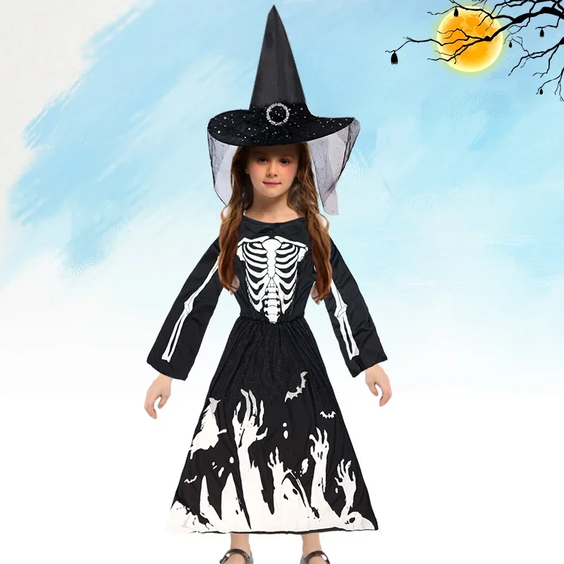 HN8 هالوين الساحرة شبح زي ريبر مجموعة ملابس مضيئة مع قبعة الفتيات كرنفال موضوع فستان الحفلات) 4Dc