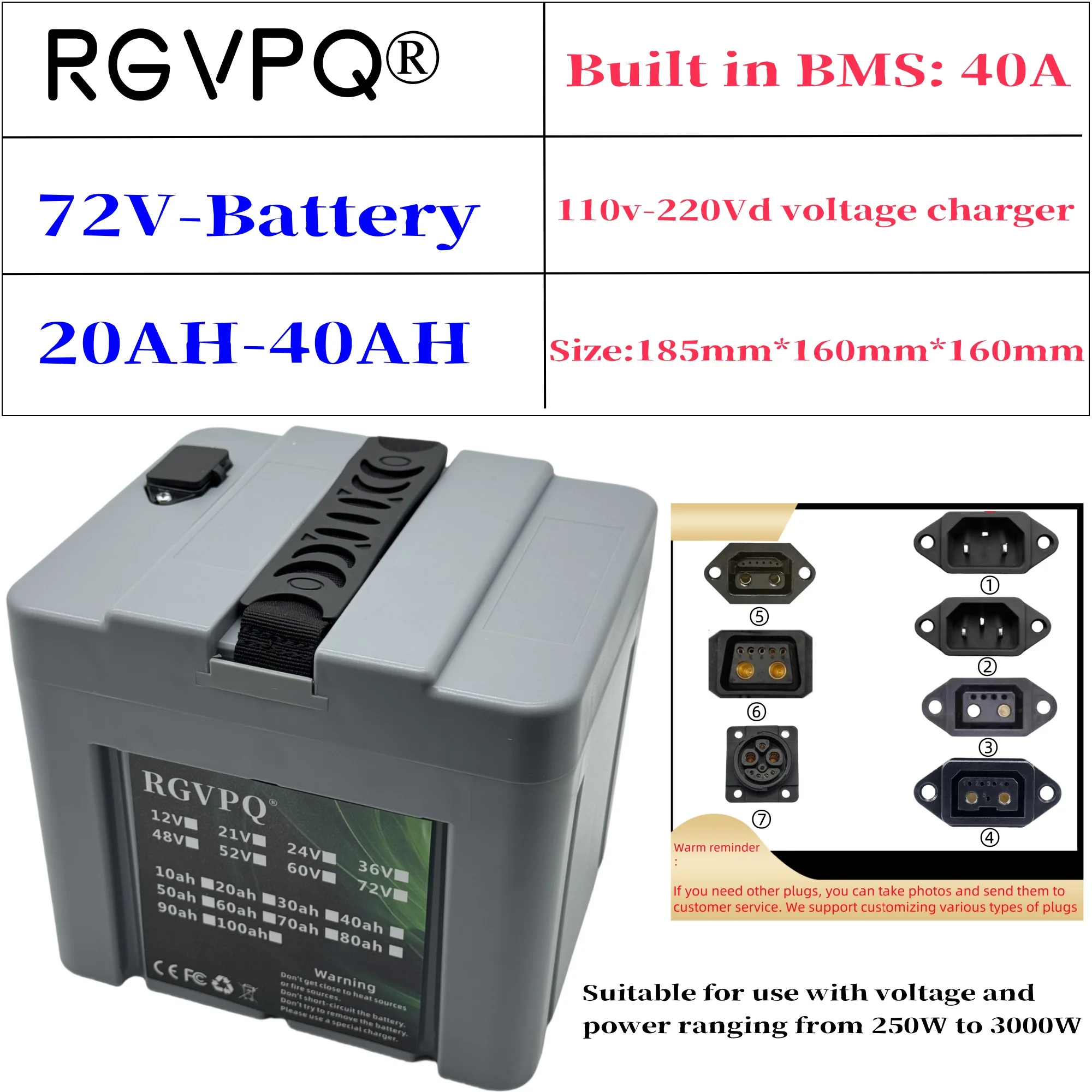 

Air fast transportation 72V40AH Full capacity New 18650 lithium battery Suitable for motors under 500W-3000W