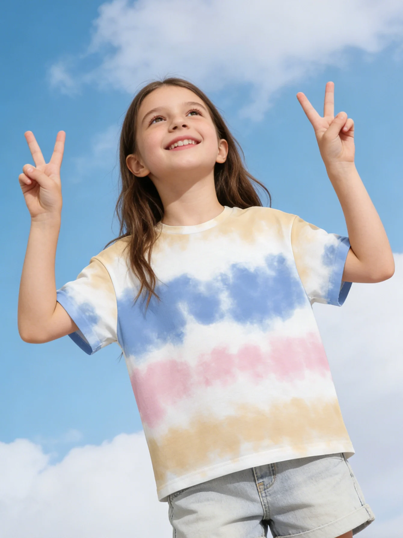 2026 Girls Yellow, White, Blue, Pink Gradient Tie-Dye Short Sleeve T-Shirt Casual Top Summer Wear