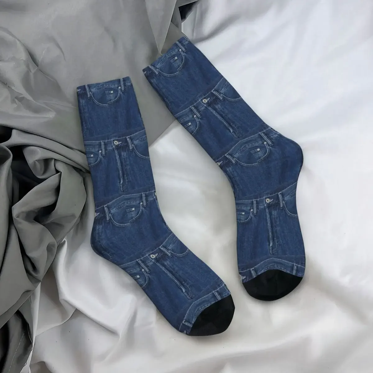 Kaus kaki Jeans klasik Denim biru, aksesori kaus kaki tekstur Jeans Harajuku menyerap keringat sepanjang musim untuk hadiah uniseks