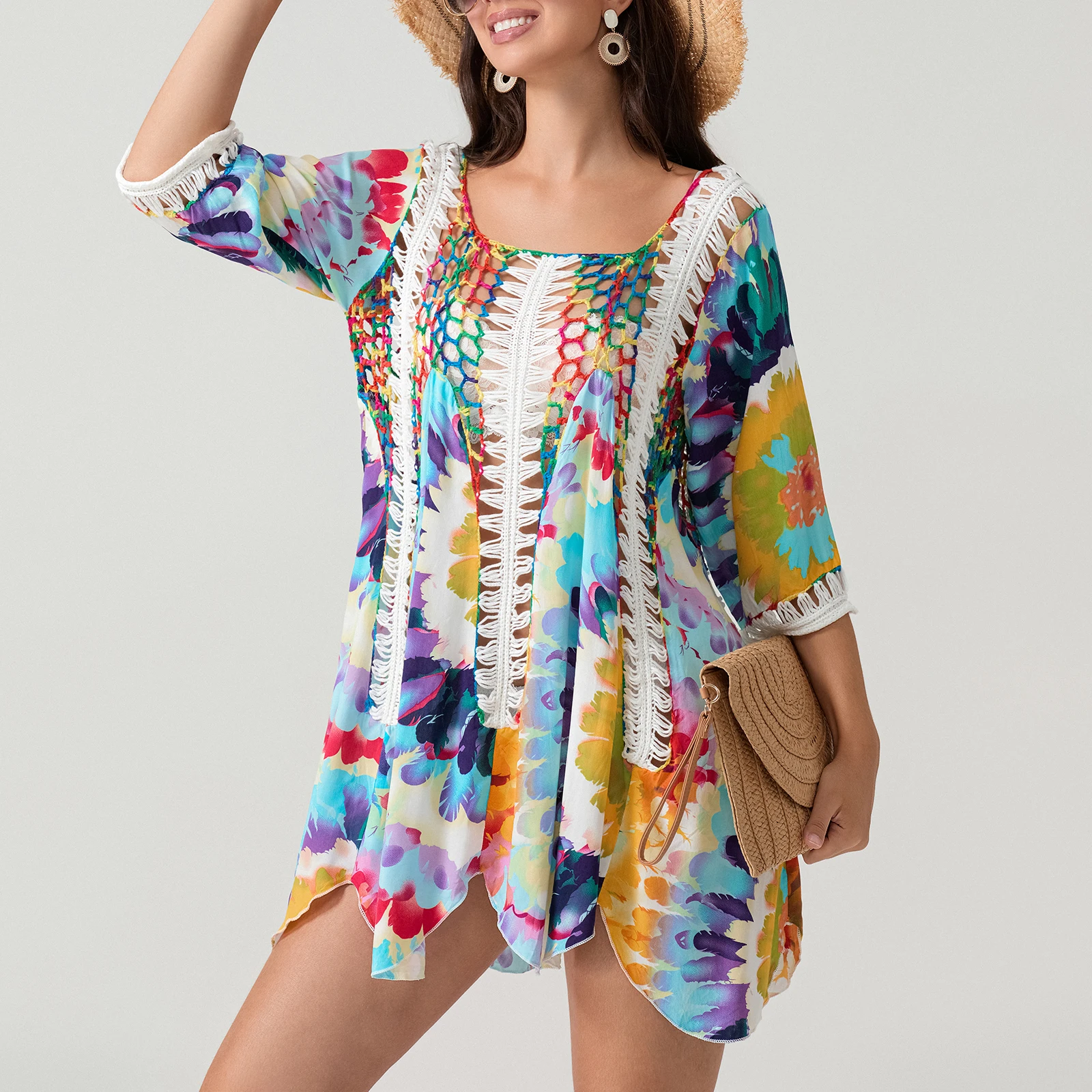 Women Beach Cover Up Colorful Print Hollow-Out Summer Swimsuit Coverup Crochet Bathing Suit Cover Ups Dresses