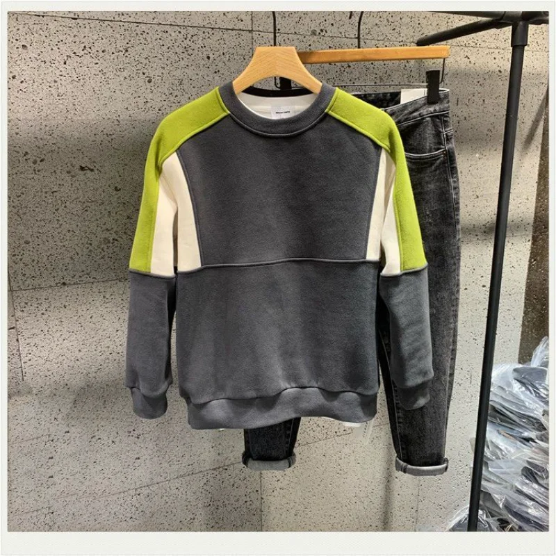 Color Blocked Hoodie Men's New Spring Korean Version Fashionable Off Shoulder Casual Pullover with Bottom and Top