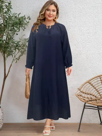 Plus Size Women's Navy Blue Tie Neck Long Sleeve Loose Maxi Dress Casual Daily Comfort Style