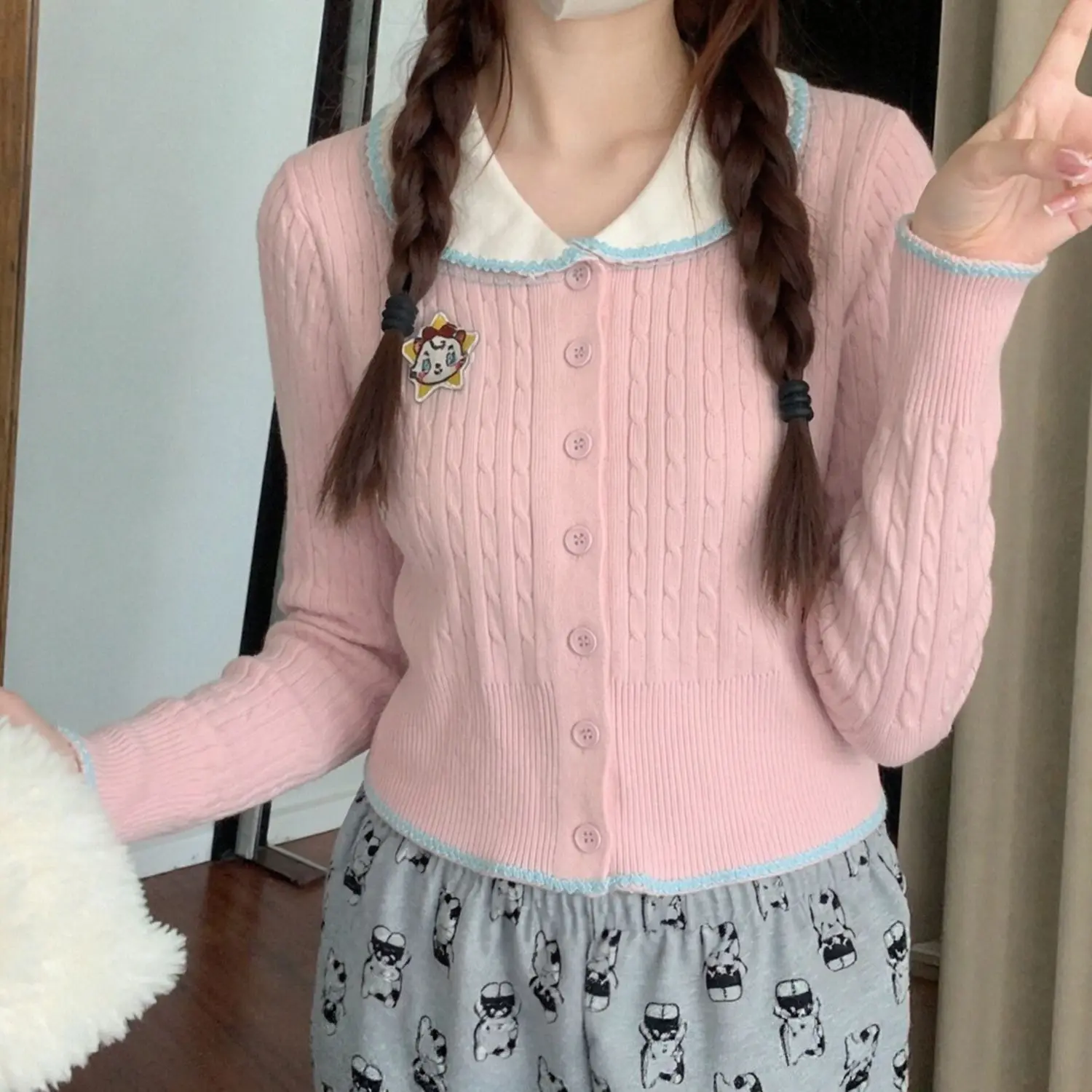 Japanese Cute Cartoon Mp Patch Jojifuku Short Knitted Cardigan Women Autumn Winter Sweet Peter Pan Collar Pink Sweater Y2k Top