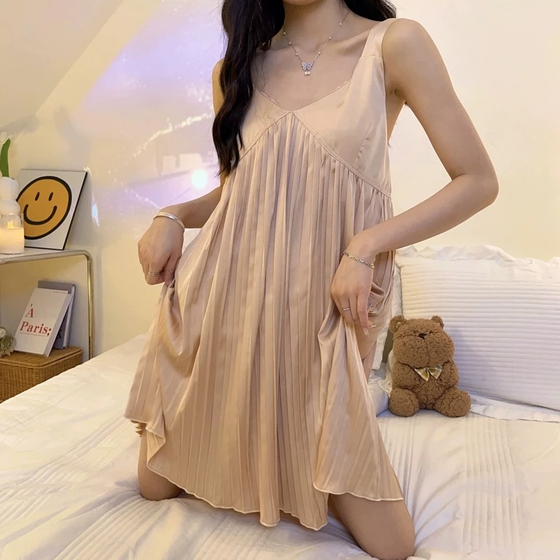 

Summer Ice Silk Satin Sleep Dress Women's Sexy Backless plus Size Nightgown Short Sleeve V-Neck Pure Color Home Wear