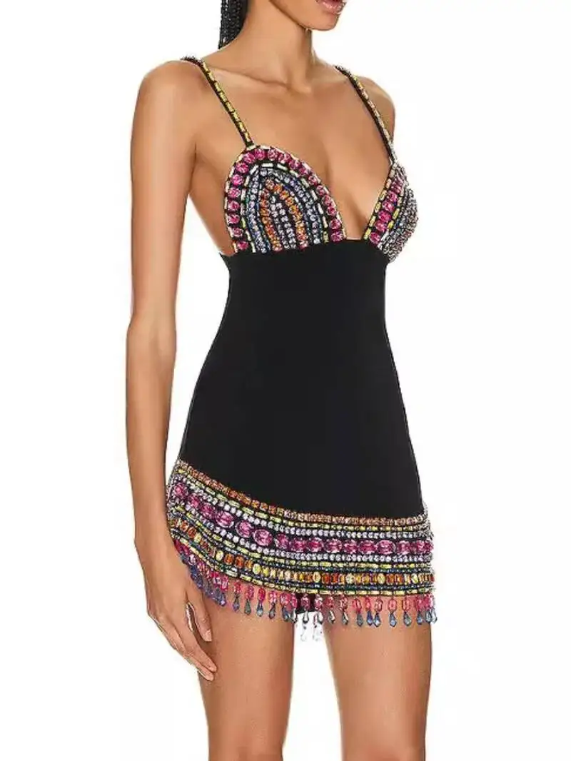 

Блестящее цветное платье-бандаж с V-образным вырезом и стразами, черное, облегающее, для вечеринок, клубов, торжественных мероприятий, роскошное, для дня рождения, 1QIM