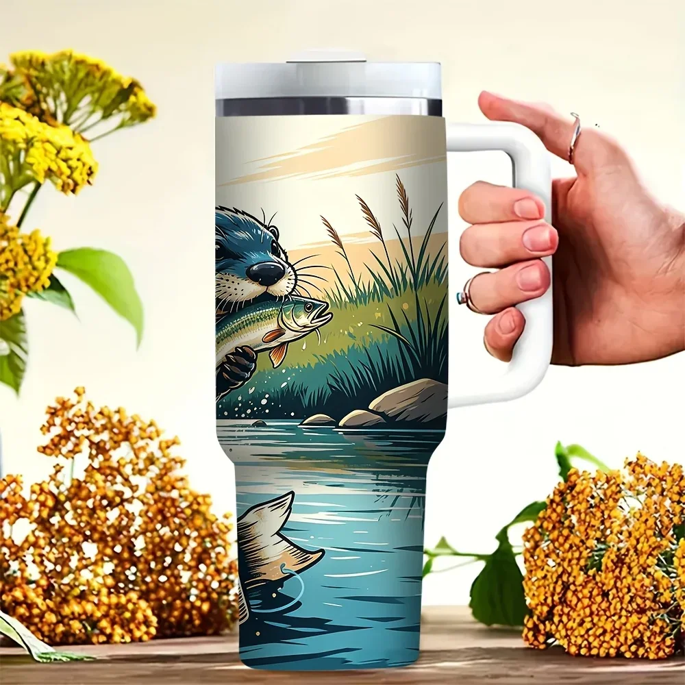 40Oz River Hunting Otter Catching Fish Print Tumbler with Handle, Fits Both Hot And Cold Drinks, Ideal for Fishing Lovers for Daily Use Outdoor Camping Hiking And Fishing Trips