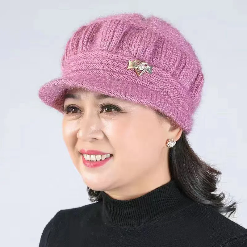 1Pc Winter Visor Hats For Woman Thicker Short Brim Knitted Cap Girls Autumn Metal Embellish Solid Hat Warmer Bonnet Casual Cap