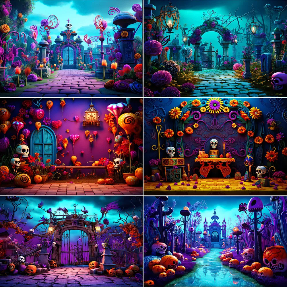 Halloween Eve Theme Skull Flowers Night Castle Moon Pumpkin Lights Skeleton Family Party Kids Photography Background Studio Prop