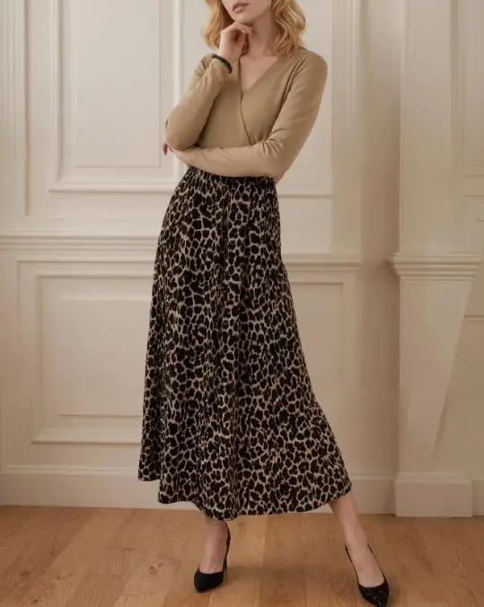 

Autumn and Winter New Socialite Style Cross V-Neck Patchwork Drape Fabric Leopard Print Long Sleeved Dress