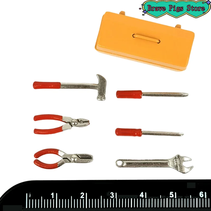 1 مجموعة صندوق أدوات مصغر + 6 أدوات يدوية نموذج اكسسوارات أثاث ديكور المنزل هدية