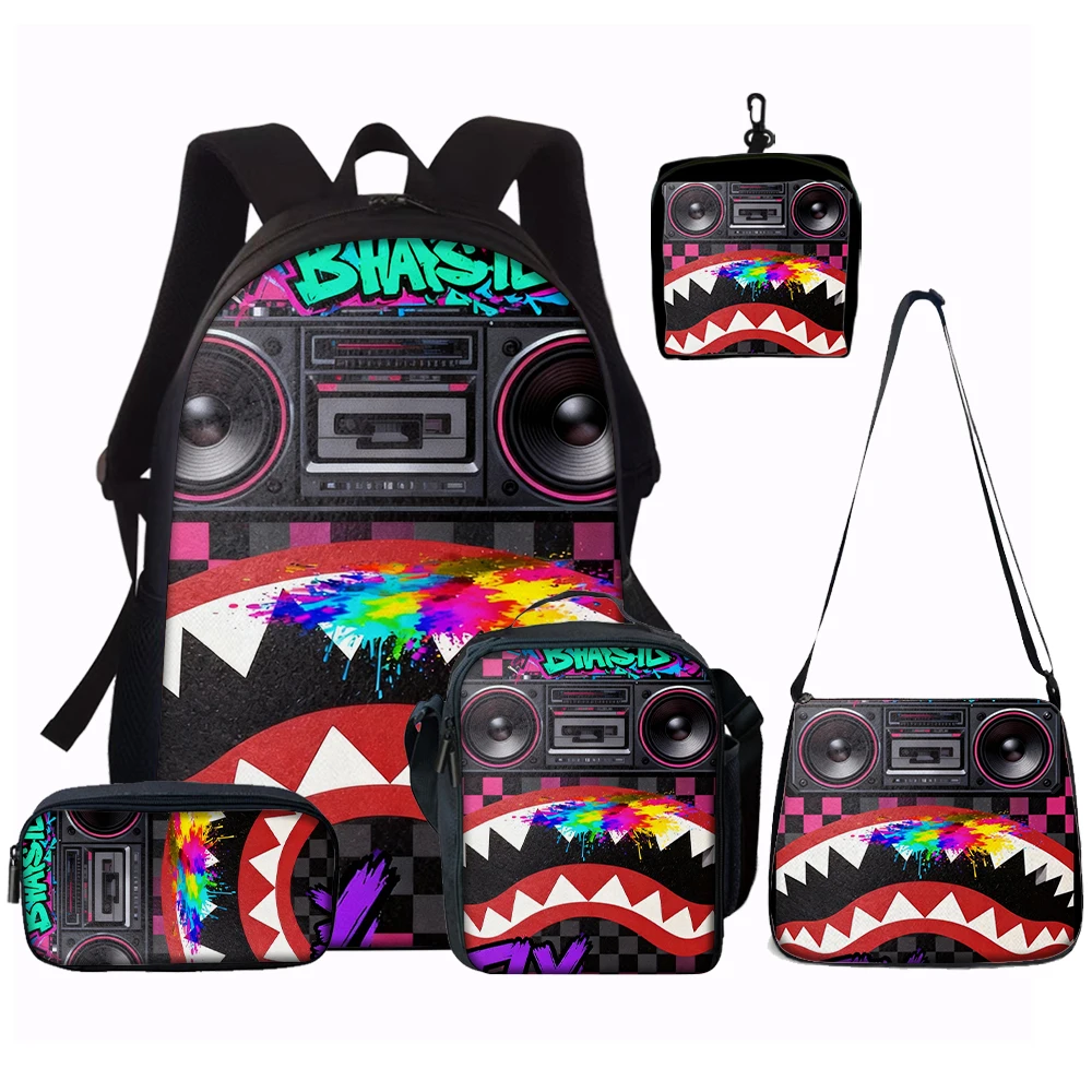 1/2/3/4/5PCS Trendy Shark Graphic Backpack Set | Perfect for School & Daily Adventures
