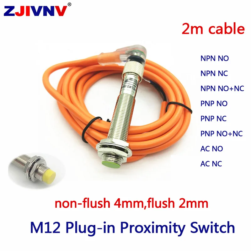 5PCS M12 connector type proximity inductive sensor NPN/PNP NO/NC/NO+NC proximity switch angle plug with led indicator 2m cable