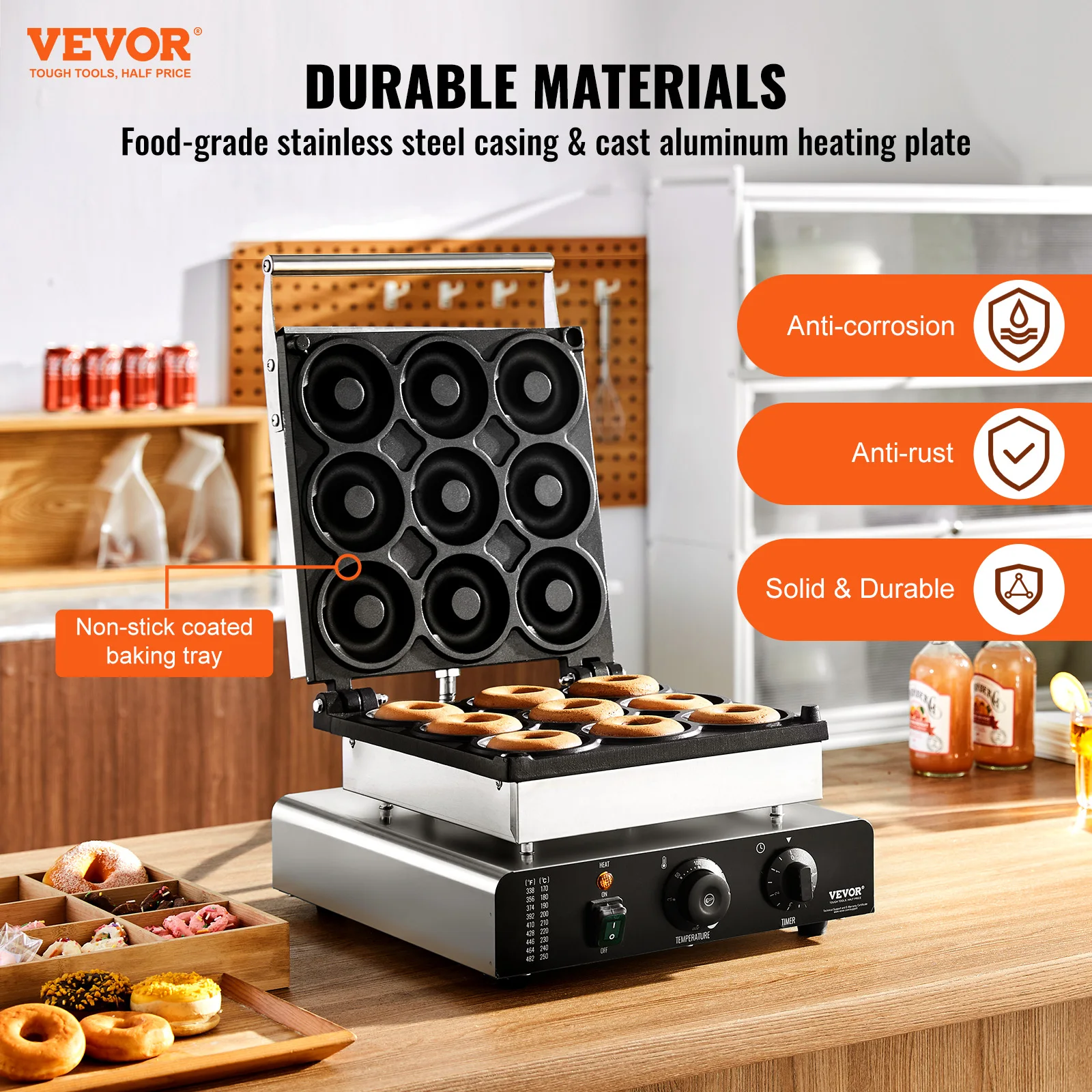 VEVOR Electric Donut Maker 2000W Commercial Doughnut Machine with Non-stick Surface Double-Sided Heating Waffle Doughnut Machine