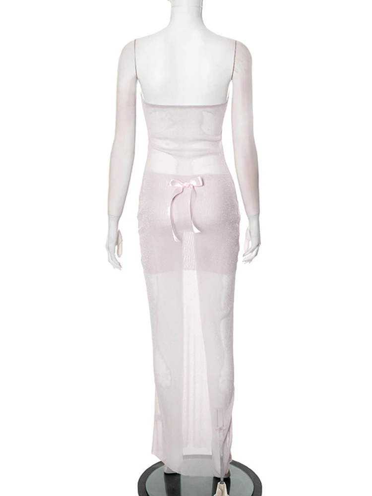 Sibybo Strapless See Through Maxi Dress Women Summer Sundress Fashion Bows Sleeveless Backless Slim Party Clubwear Sexy Dresses