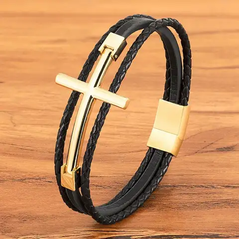 XQNI Punk Stainless Steel Bracelet for Men Multi-Layer Leather Cross Design Black Leather Wristband Bangle for Christian Jewelry