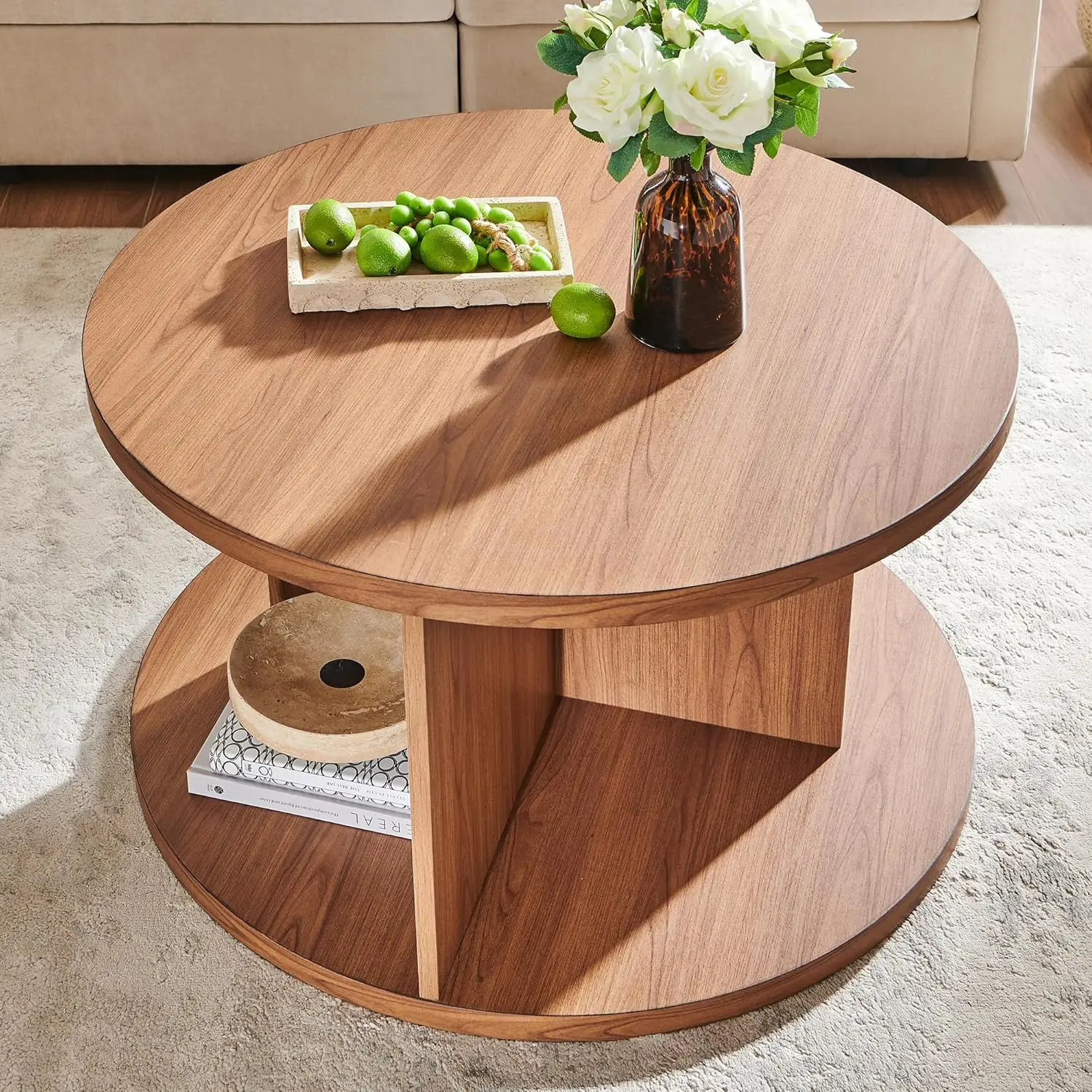 

Round Coffee Table for Living Room, 32" Modern Center Table with Cross Support Structure & Open Storage Cubby, Wood, Customized