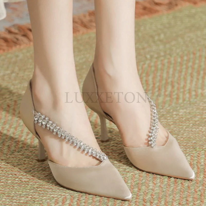 Black Mesh Leather Crystal Chain Pumps Women Summer Pointy Toe Stiletto 10CM Heels Red Velvet Sandals Luxury Design Sexy Shoes