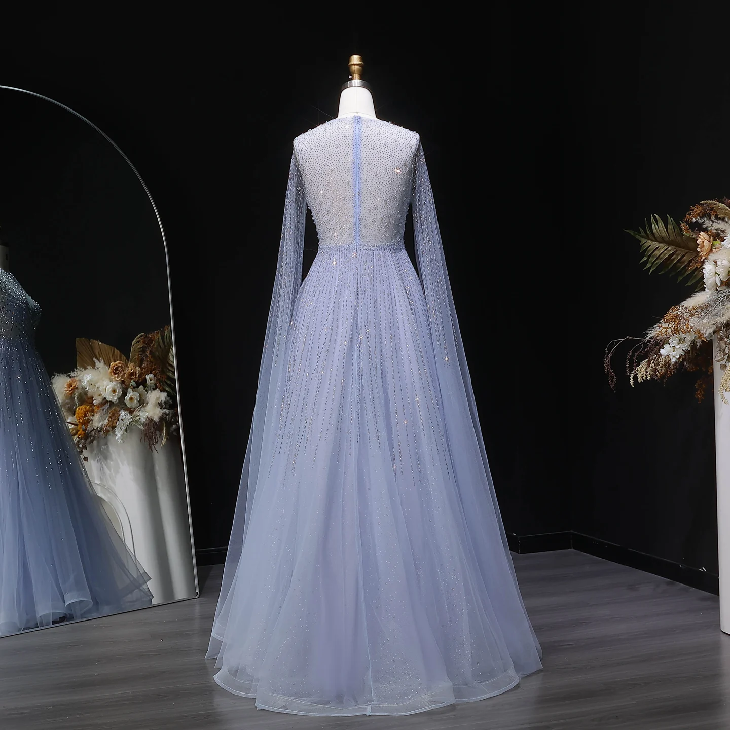 Sharon Said Luxuriöse Dubai Perlen-Kristall-Tüll-Abendkleider Elegante Cape-Ärmel Formelle Ballkleider SS054 Maßanfertigung – Detail 5
