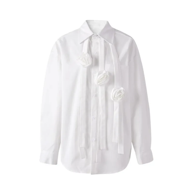 HKSH primavera otoño nueva camisa de mujer de un solo pecho cinta de flores tridimensional elegante moda versátil Casual Tops HK11996