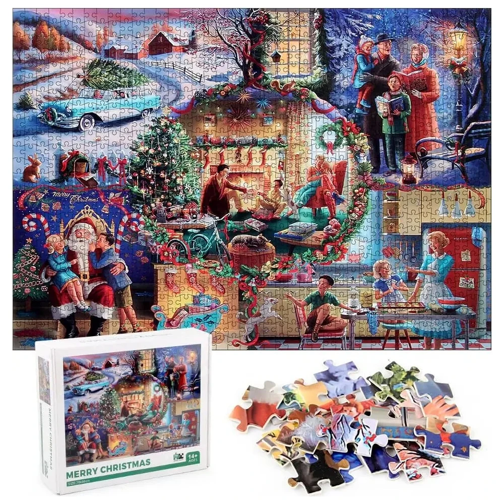 عيد ميلاد سعيد - أحجية الصور المقطوعة مكونة من 1000 قطعة مع سانتا كلوز وعناصر العطلات