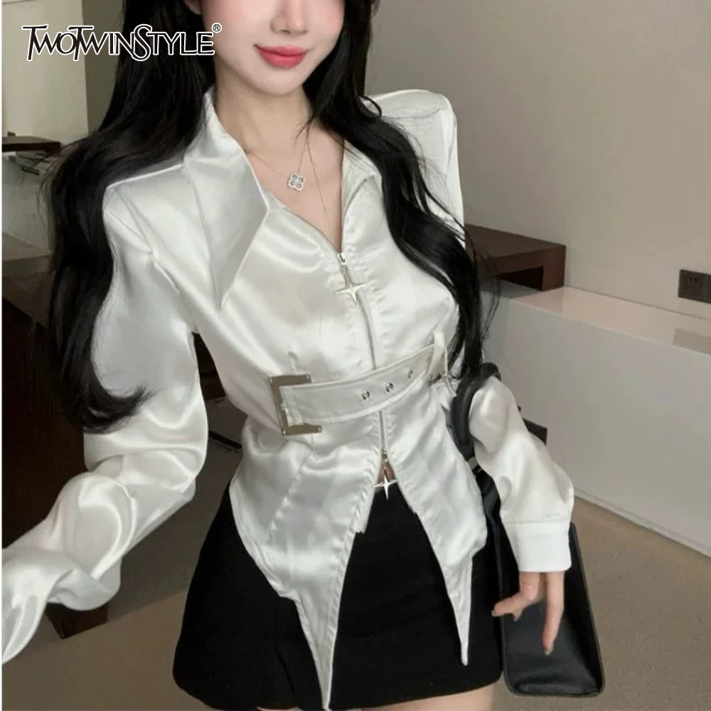 

TWOTWINSTYLE Solid Spliced Sashes Chic Shirt Female Lapel Long Sleeve Slimming French Design Women's Shirts Autumn Fashion New
