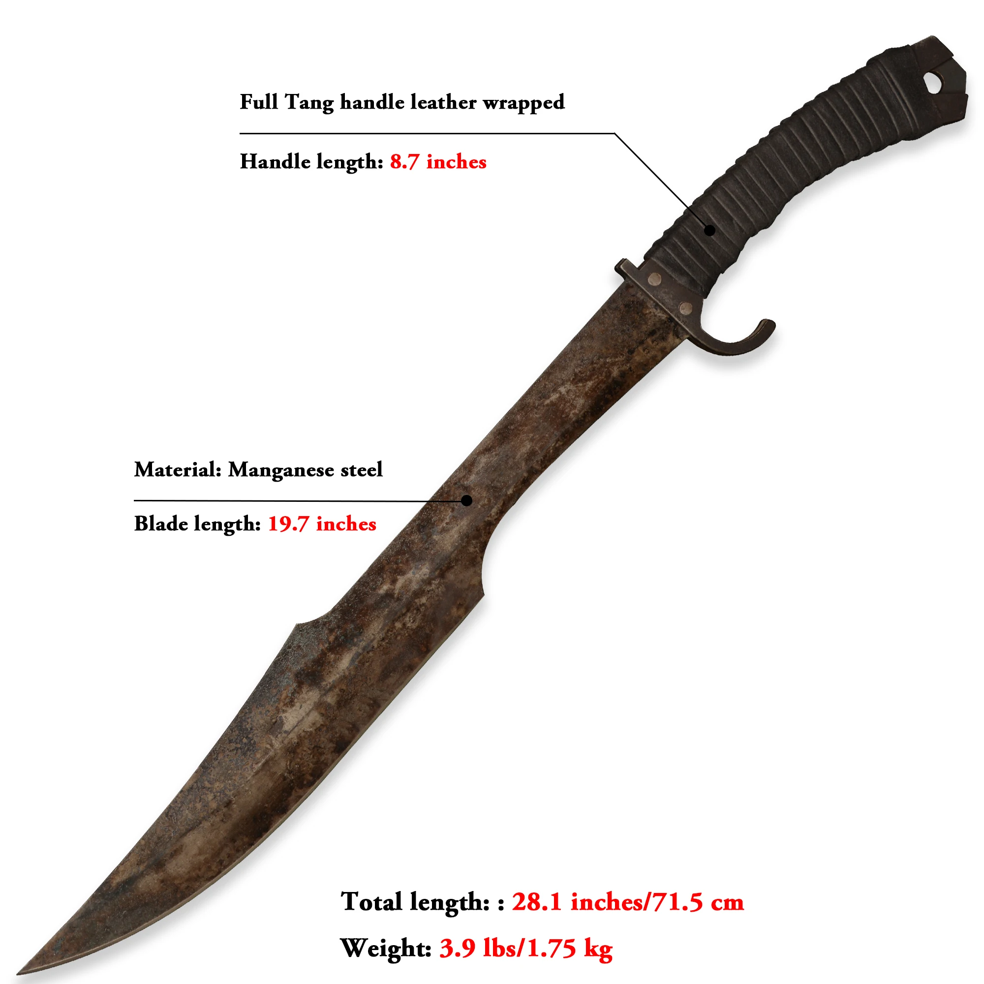 سيف سبارتاك مصنوع يدويًا مقاس 28 بوصة ومنجل حاد/كامل تانغ/فولاذ المنغنيز/تأثيري