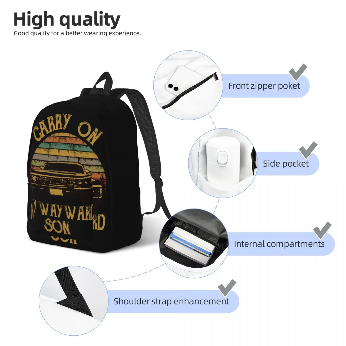 Supernatural Vintage Backpack Student Business Carry On My Wayward Son Dark Heather Daypack Men Laptop Computer Shoulder Bag